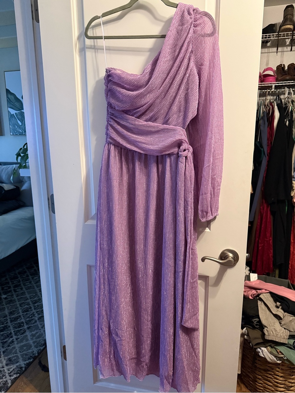 Lavender One-Shoulder Pleated Evening Dress